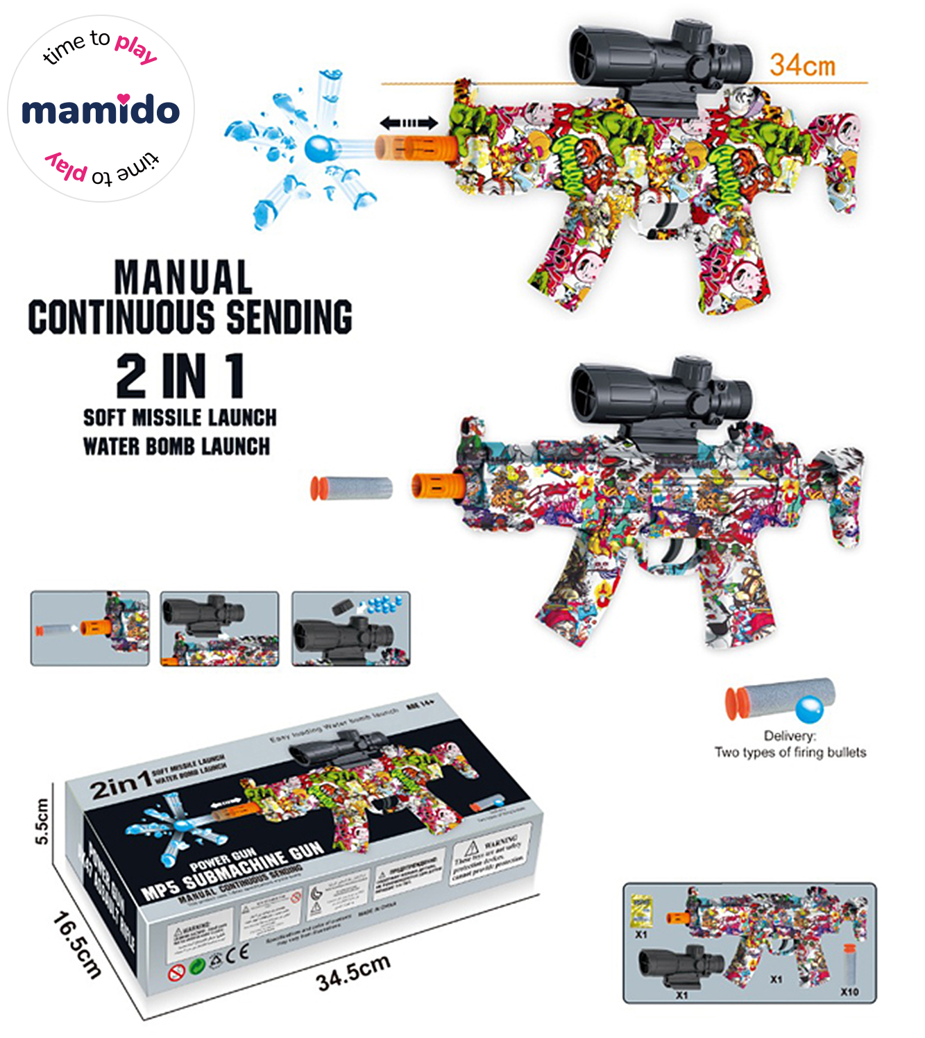 Mamido Gyermek puska 2 az 1-ben puha lőszerekkel és vízi gél golyókkal MP5