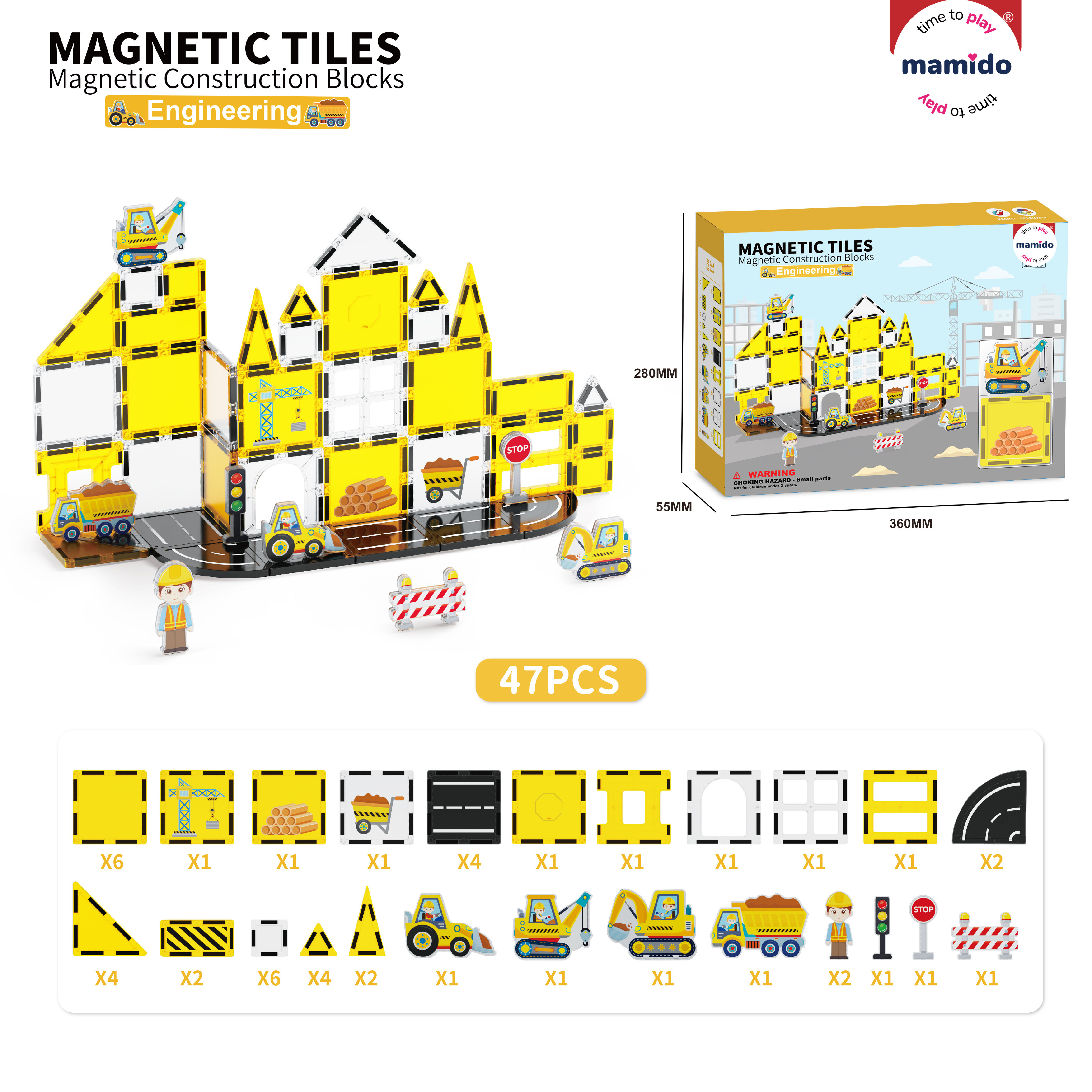 Mamido Mágneses építőkészlet közlekedési város 47 darabos, daru, kotró, rakodó MT1476
