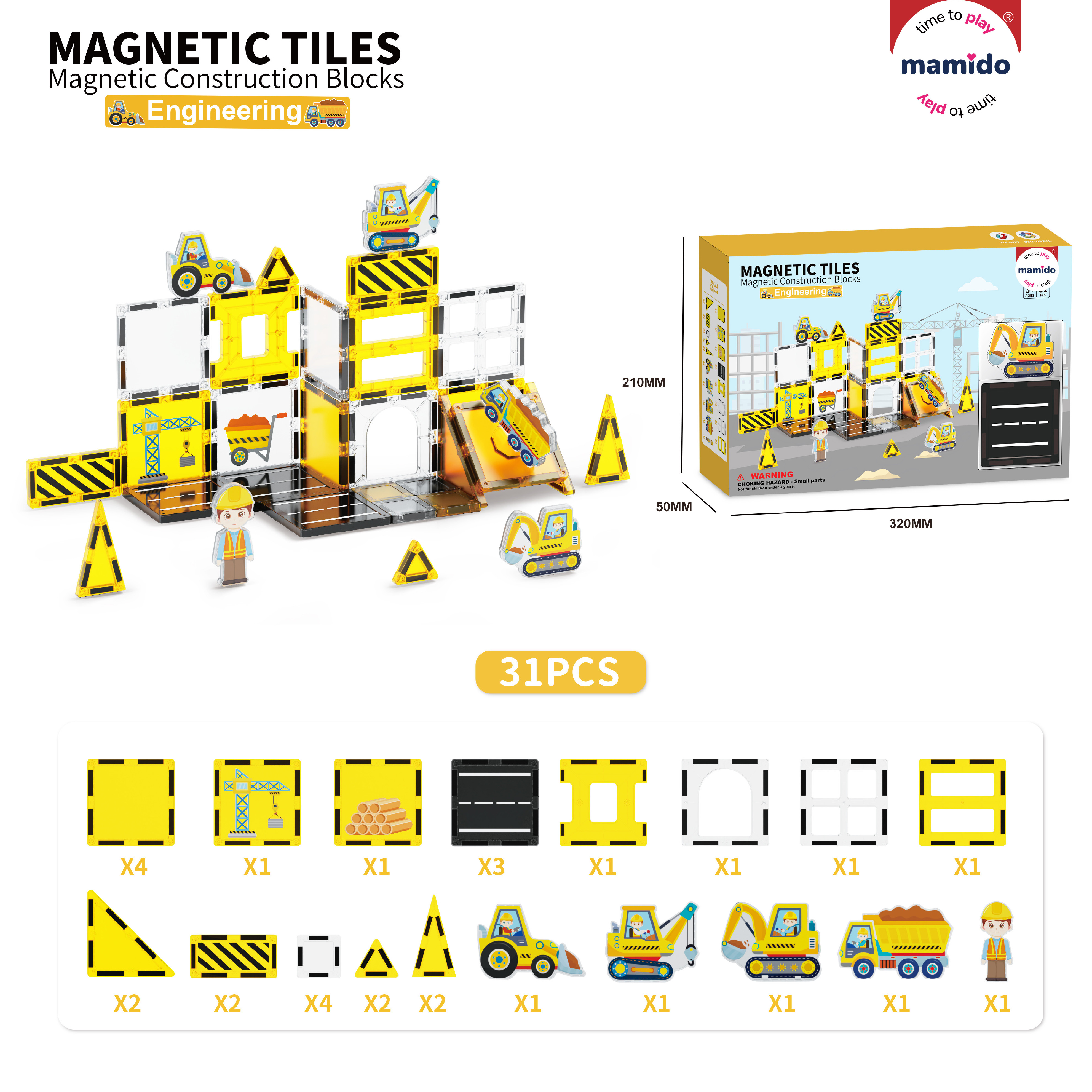 Mamido Mágneses építőkészlet városi közlekedés 31 darab, kotrógép, daru, rakodó MT1481