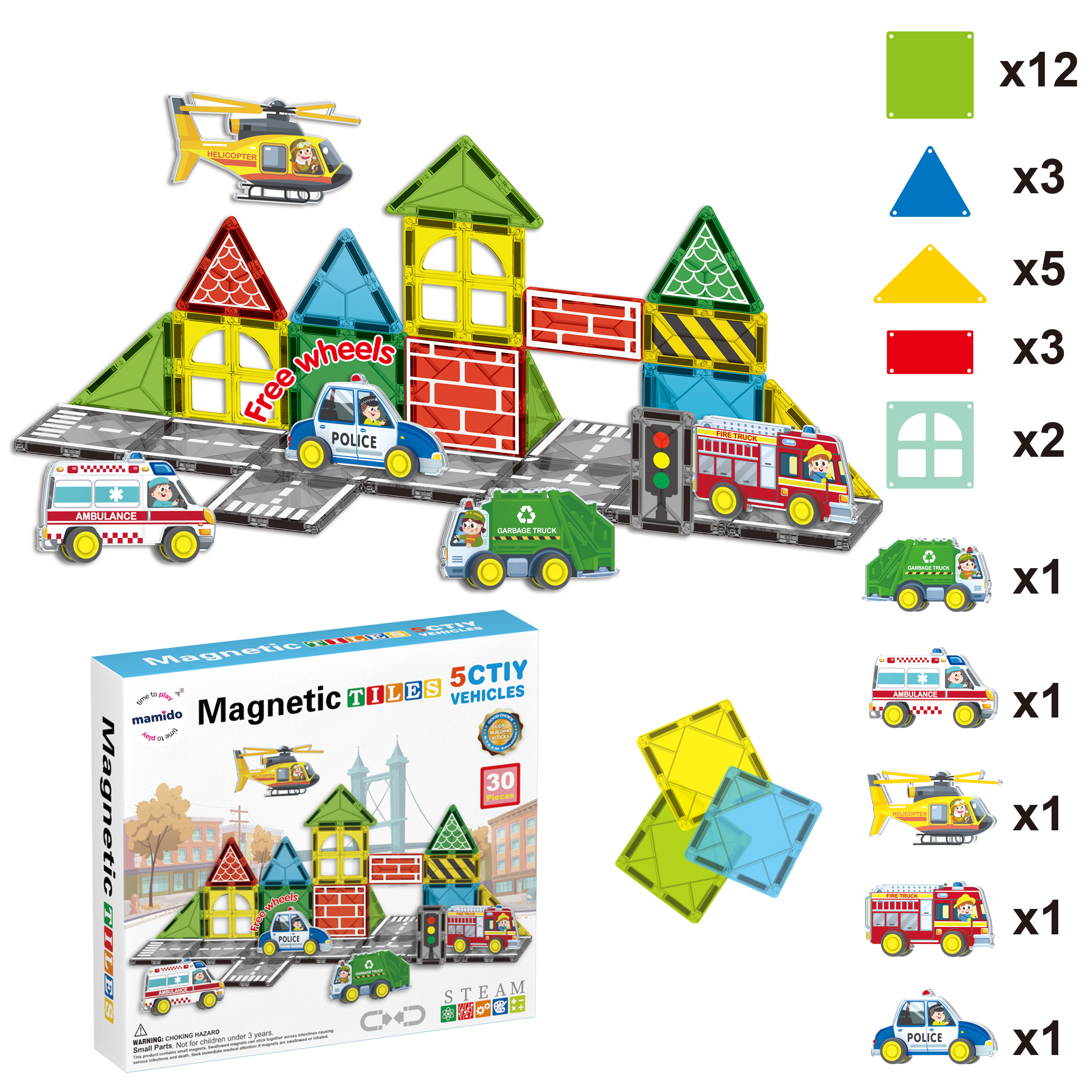 Mamido Mágneses építőkészlet közlekedési város 30 darab, 5x szolgálati jármű MT1438
