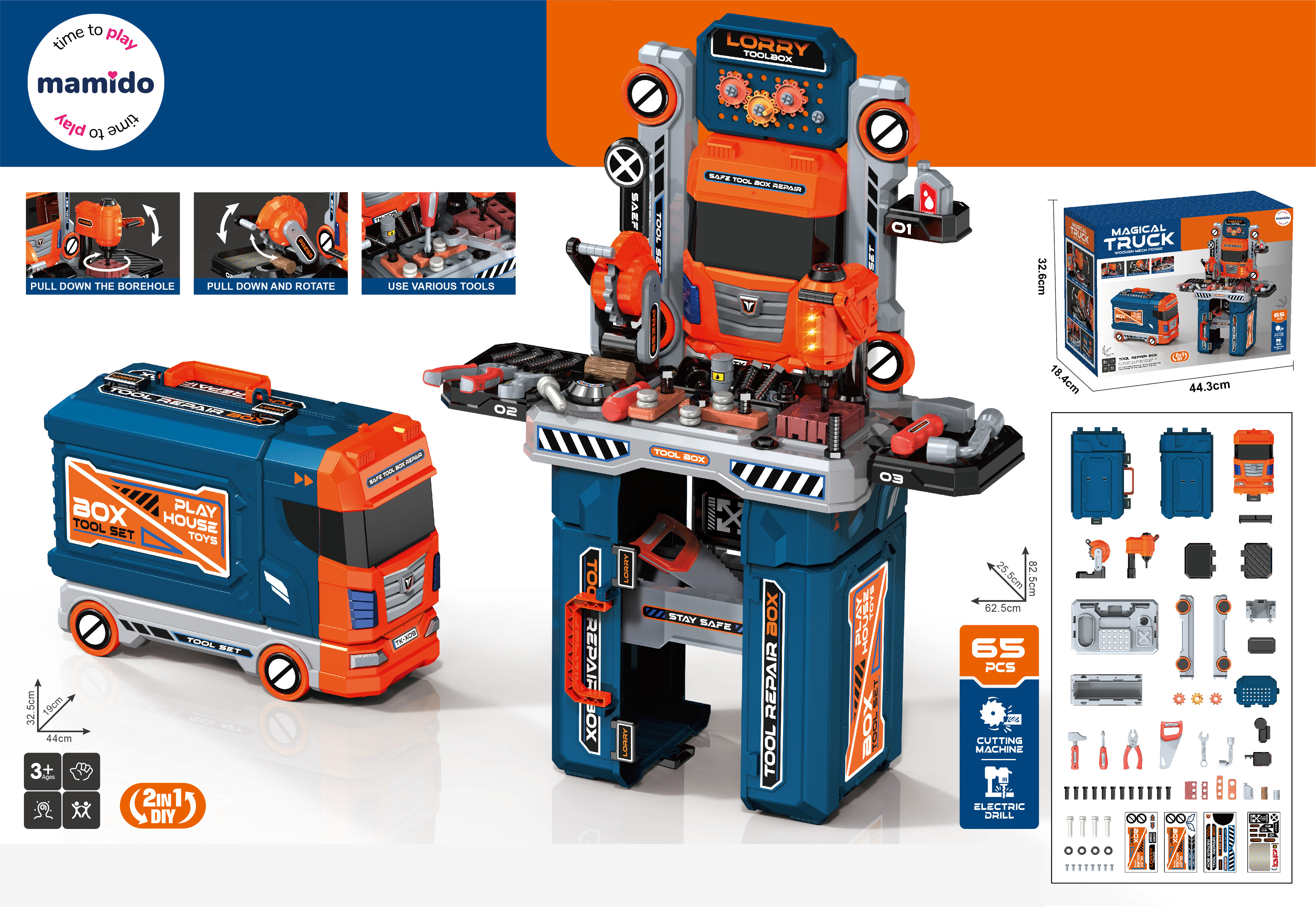 Mamido Gyerek 2 az 1-ben teherautó műhellyel és szerszámokkal, transzformátorral, 65 darabos