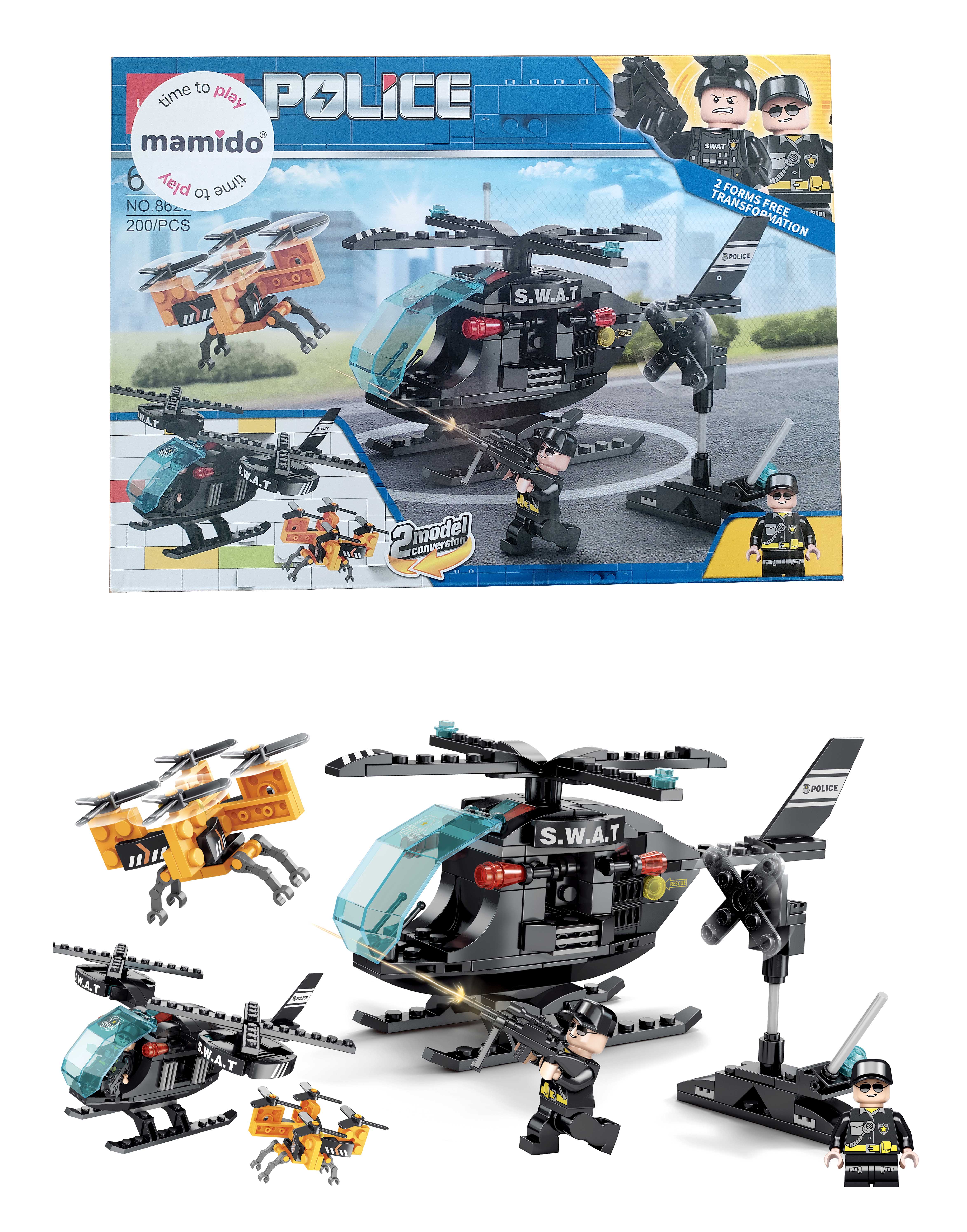 Mamido Rendőrségi helikopter drónnal SWAT 2 az 1-ben építőkészlet 200 darabos MT1130
