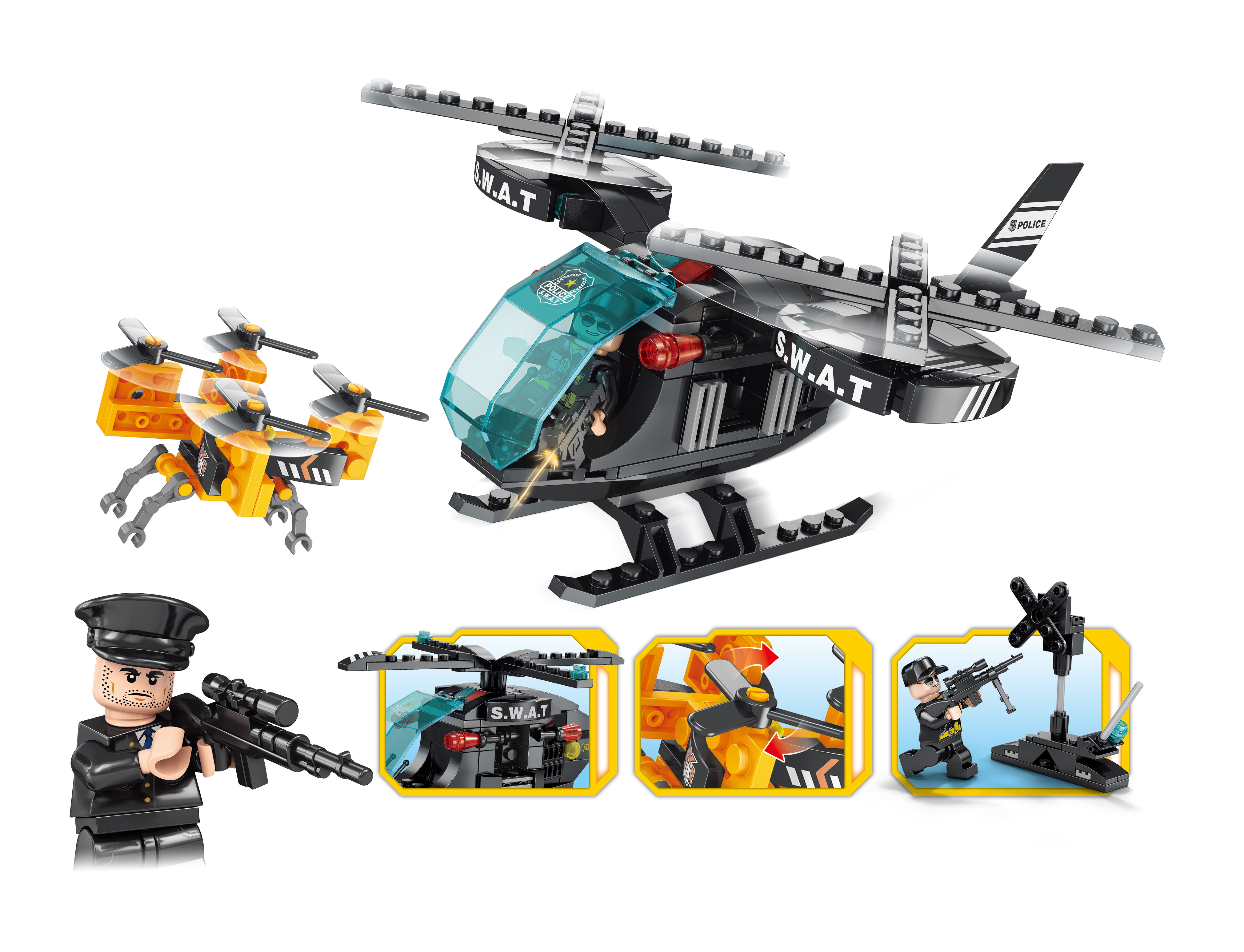 Mamido Rendőrségi helikopter drónnal SWAT 2 az 1-ben építőkészlet 200 darabos MT1130