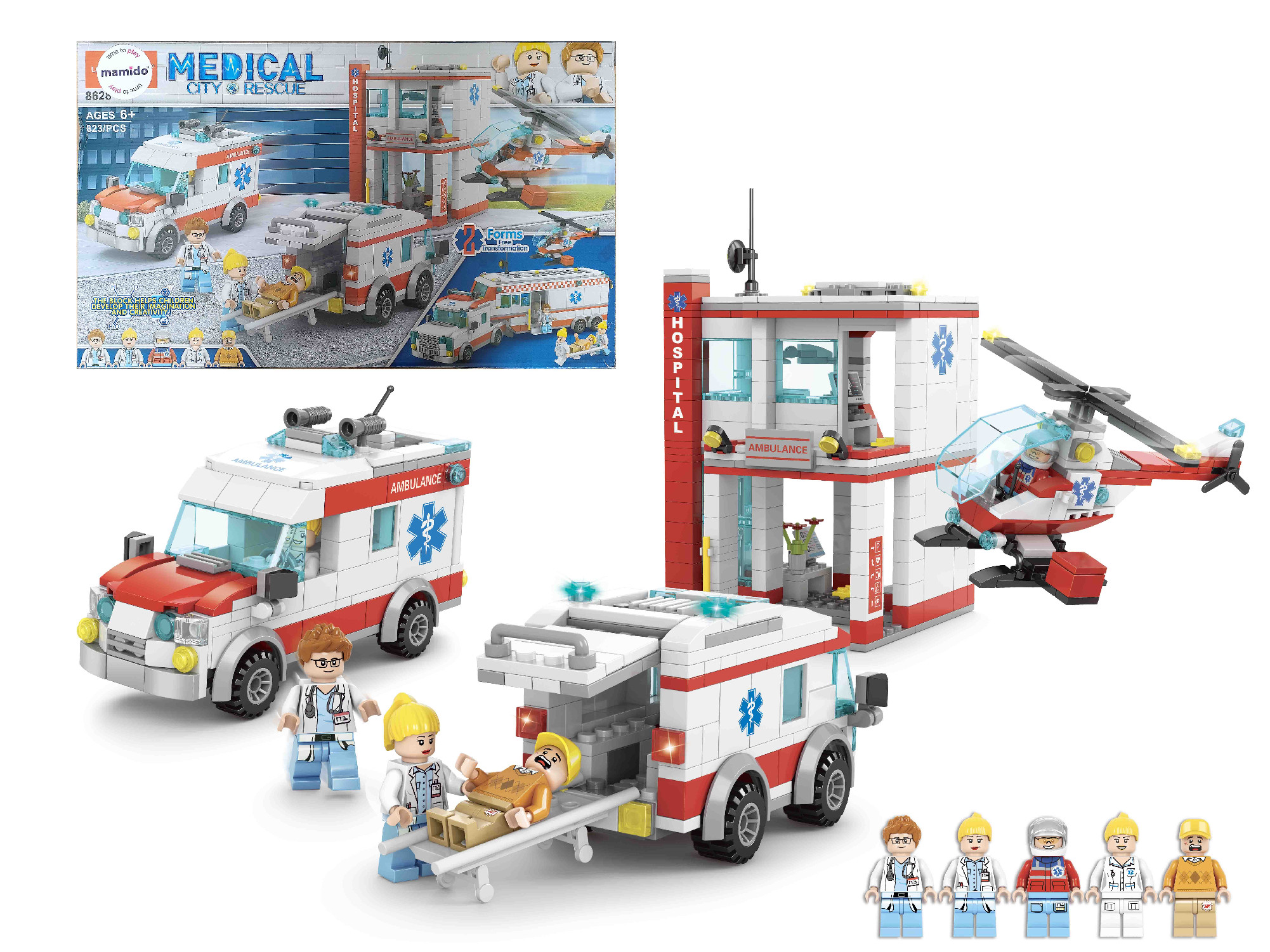 Mamido Mentőállomás építőkocka figurákkal és helikopterrel 823 darab MT1128