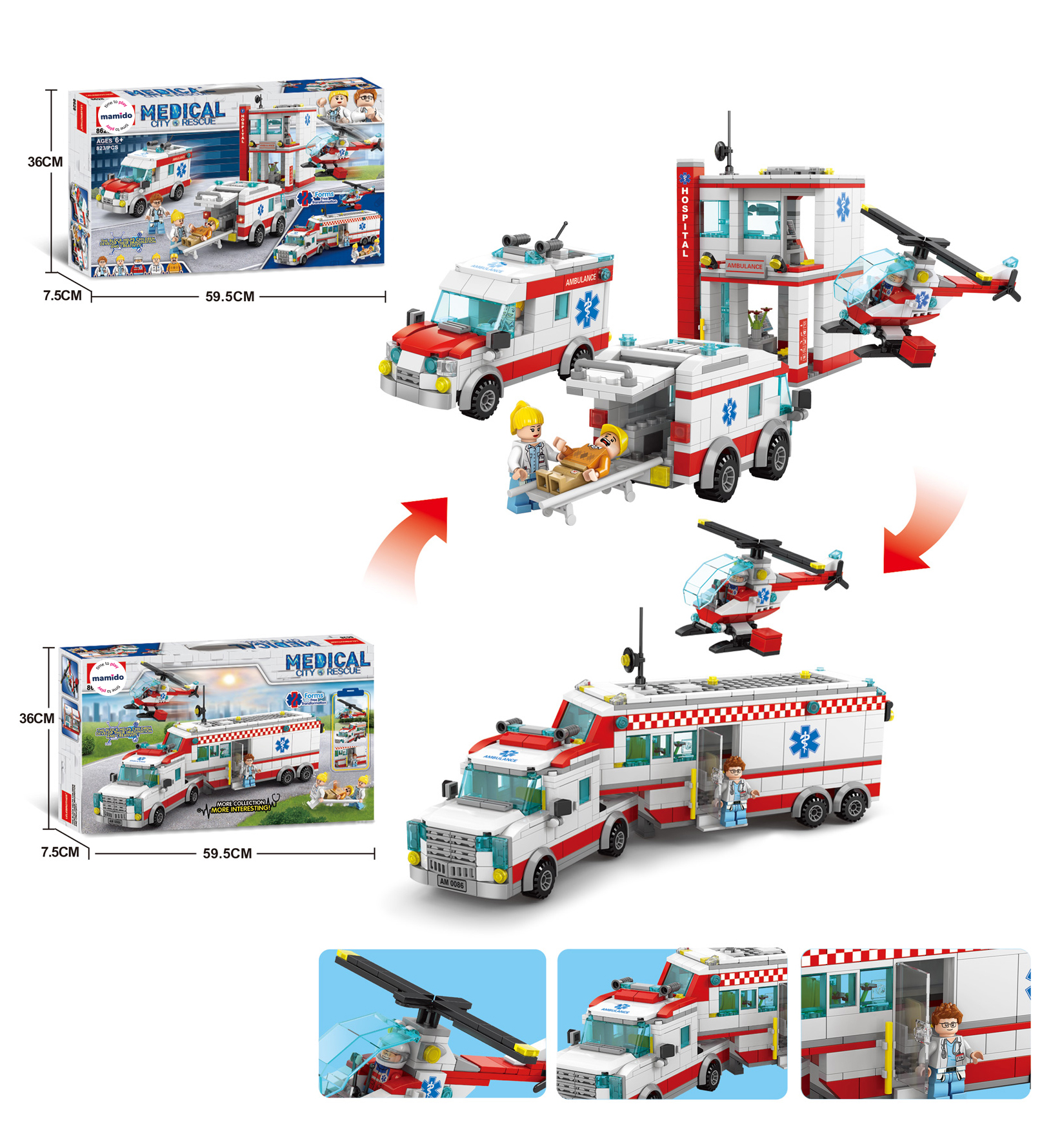 Mamido Mentőállomás építőkocka figurákkal és helikopterrel 823 darab MT1128