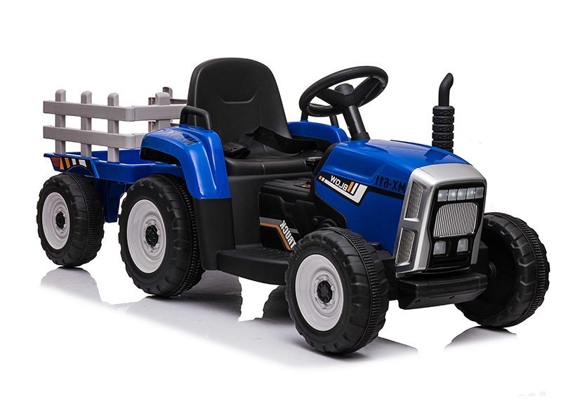 Kék elektromos traktor iparvágányral