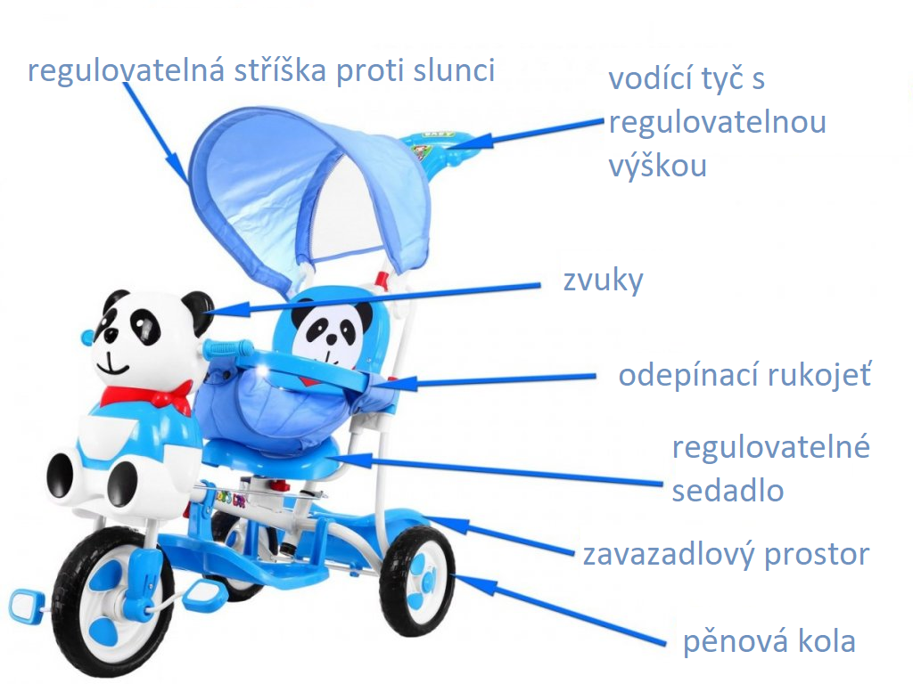 Gyermek tricikli Panda kék hanghatásokkal