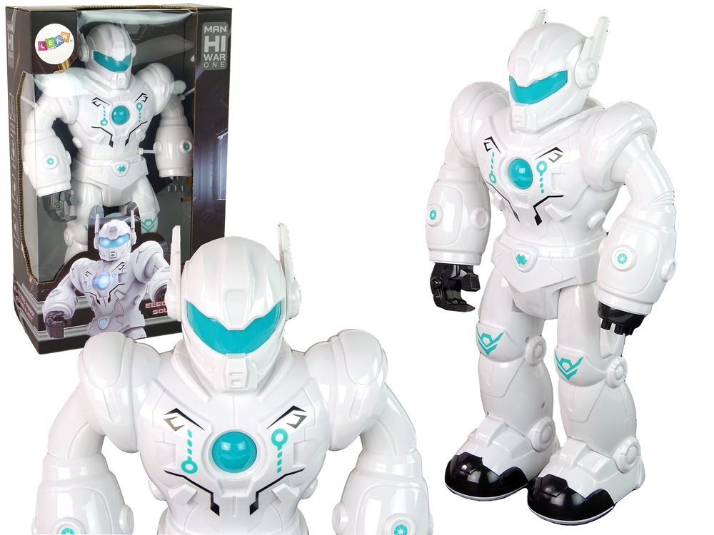 Interaktív robot, amely sétál, hangokat ad ki és fehéren világít