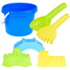 Vödör, lapát, gereblye és homokos játékforma készlet