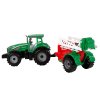 Zöld mezőgazdasági traktor piros-zöld úszó permetezővel, súrlódó meghajtással