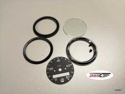 Sada tachometru 80 km/h JAWA 20 - 23 černý ciferník rámeček chrom