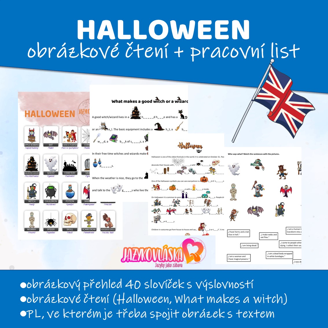 Halloween obrázkové čtení a pracovní list | Jazykovlaska.cz