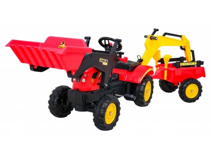 Šlapací detský traktor Go-kart s vlečkou a ramenom červený