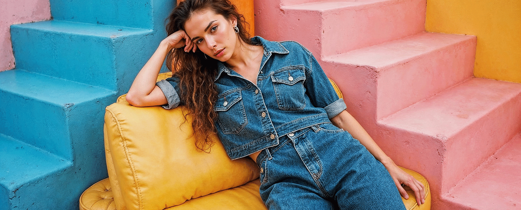 denimclad-woman-lounging-yellow-chair-near-colorful-steps