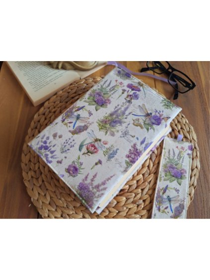 Nastavitelný/rostoucí obal na knihu - Vážky a levandule