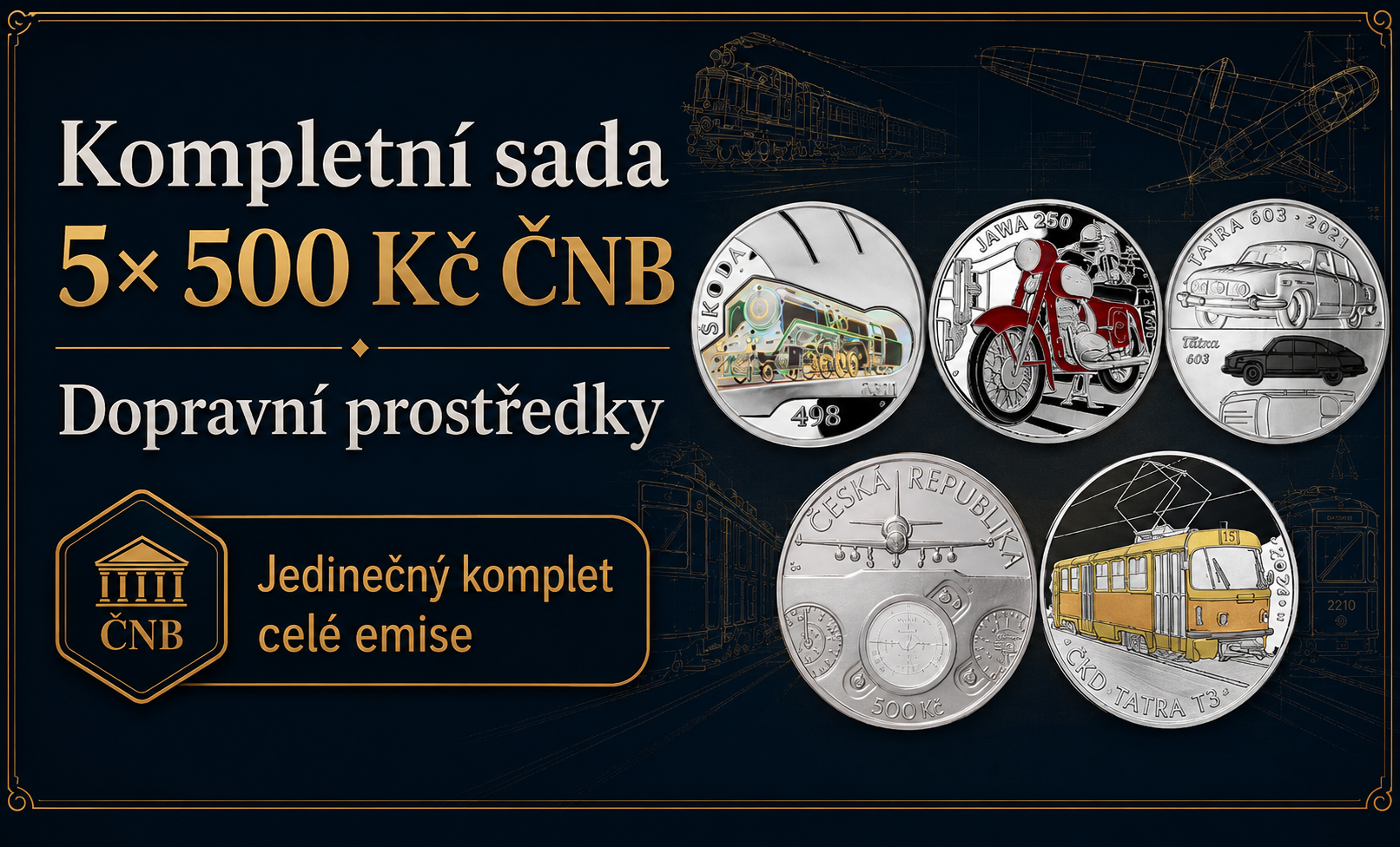 Kompletní sada 5× 500 Kč ČNB – Dopravní prostředky