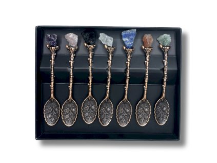 Sada 7 čarodejníckych lyžičiek z bronzu s drahokamami