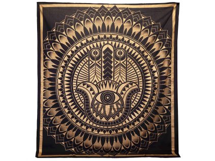 Prikrývka bavlnená COLOR dvojlôžko Hamsa - čierna zlatá  230 x 200 cm