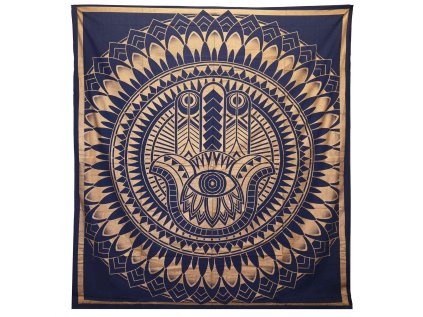 Prikrývka bavlnená COLOR dvojlôžko Hamsa - modrá zlatá  230 x 200 cm