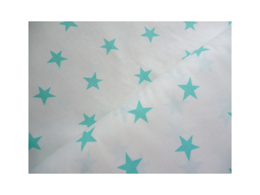 Hvězdy mentolové - bílá látka - metráž - 150cm