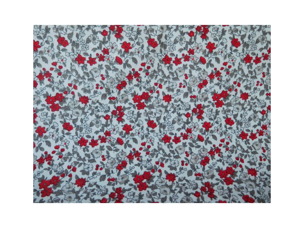 ZBYTEK 0,7m Červeno šedé květy - bílá látka-metráž  Červeno šedé květy - bílá látka-metráž