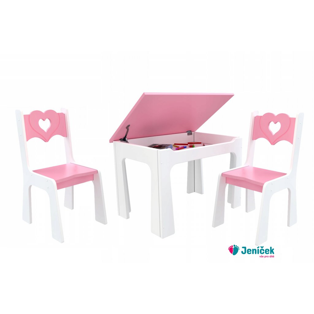 Dětský stůl s úložným prostorem a židlemi Srdce - růžové V