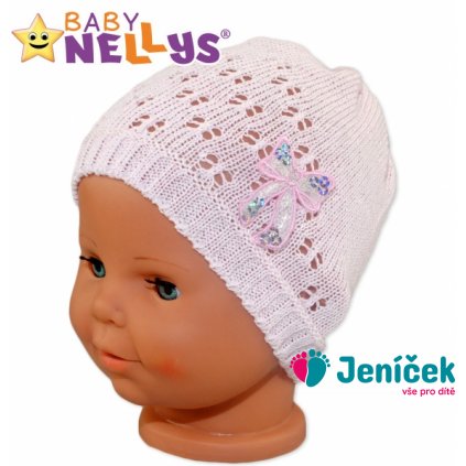 Háčkovaná čepička Mašle Baby Nellys ® - s flitry - sv. růžová