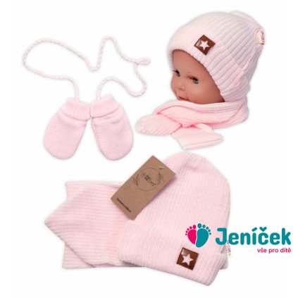 Baby Nellys Pletená čepice s šálou a rukavičky 3v1, STAR - sv. růžová