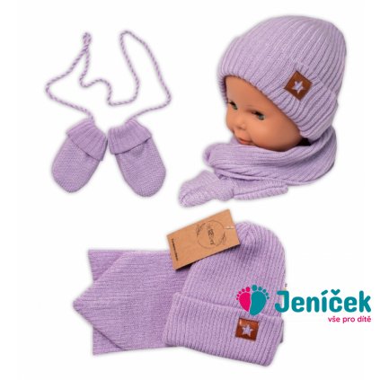 Baby Nellys Pletená čepice s šálou a rukavičky 3v1, STAR - fialová
