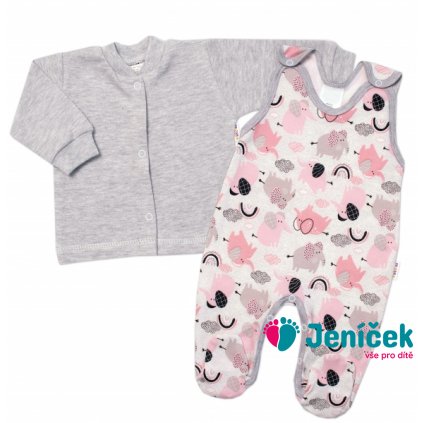 Baby Nellys 2-dílná sada, bavlněné dupačky s košilkou Sloníci, šedá