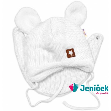 Baby Nellys Pletená zimní čepice s kožíškem a šátkem Star, bílá
