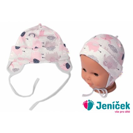 Baby Nellys Bavlněná čepička na zavazování, Sloníci, růžová, lem šedý