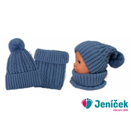 Zimní čepice s bambulí + komínek Baby Nellys - modrá, jeans, vel. 48-52cm