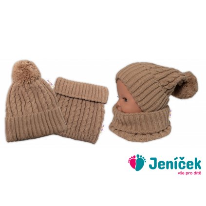 Zimní čepice s bambulí + komínek - béžová, vel. 48-52cm