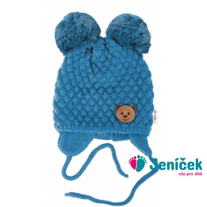BABY NELLYS Zimní pletená čepice Teddy Bear na zavazování, modrá, v