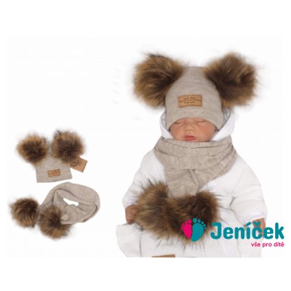 Z&Z Zimní čepice s bambulemi z kožešinky a šálou 2v1, béžová, vel. 86