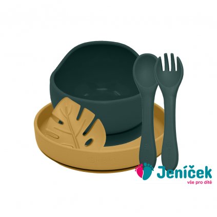 PETITE&MARS Set jídelní silikonový TAKE&MATCH 4 ks Misty Green - Intense Ochre 6m+