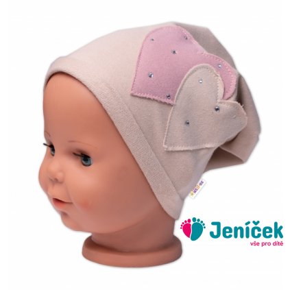 Dětská čepice bavlna, Srdíčka s kamínky, Baby Nellys, béžová