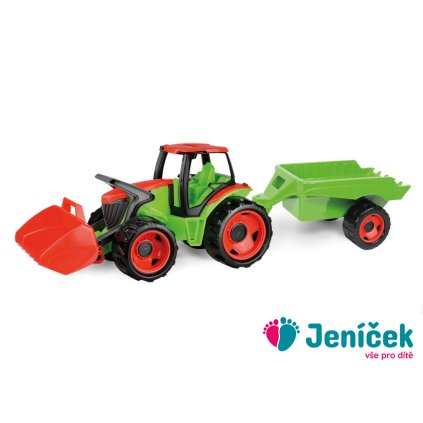 Traktor se lžící a s vozíkem, červeno zelený