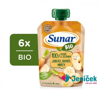 6x SUNAR BIO ovocná kapsička jablko, banán, mrkev 4m+, 100 g