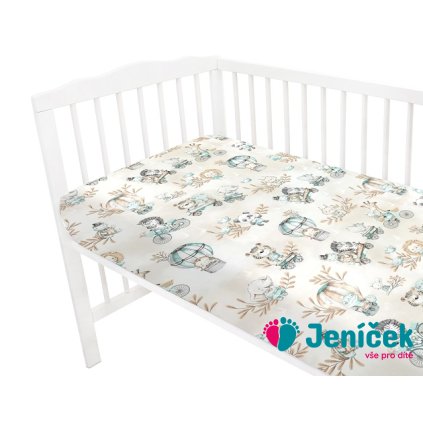 Dětské bavlněné prostěradlo do postýlky, ZOO na cestách - mátová/cappuccino