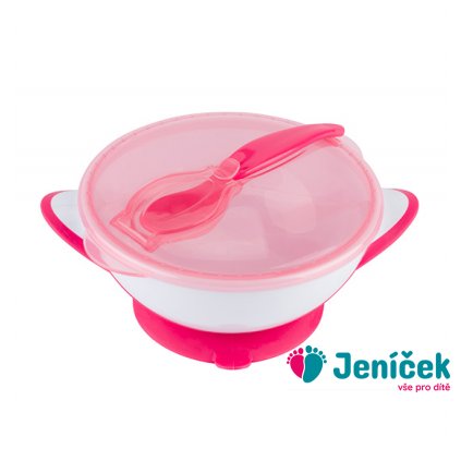 BABYONO Miska uzavíratelná s přísavkou a lžičkou 300 ml růžová 6m+
