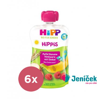 6x HIPP BIO HiPPiS Jablko-Banán-Maliny-Celozrnné obiloviny od uk. 1. roku, 100 g