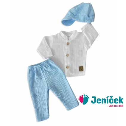 Elegantní mušelínová 3D sada - košile, kalhoty + čepice, 3D sada, bílá/modrá