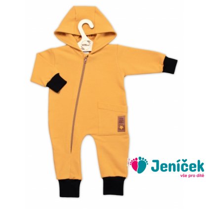 Teplákový overal s kapsičkou a kapucí BOY, Baby Nellys, hořčicový