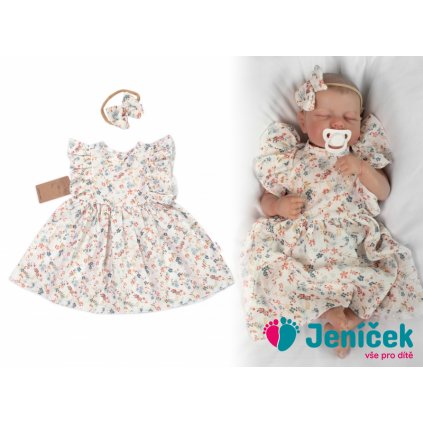 Mušelínové šatičky + čelenka 2-dílná sada Luční kvítky, Baby Nellys, smetanové