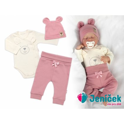 Zavinovací body dl.rukáv, tepláčky a čepička Little Bear, Baby Nellys, pudrová/smetana