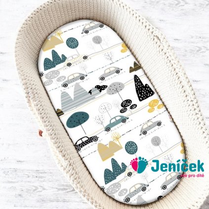 Baby Nellys Dětské bavlněné prostěradlo do kočárku, koše, Auta v aleji - šedá