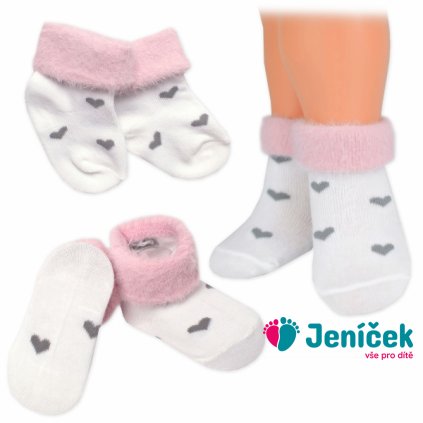 Bavlněné dětské ponožky s chlupáčkovým lemem, Srdíčka - bílé, 1 pár