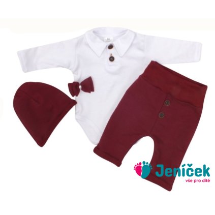 Z&Z 4-dílná soupravička body, tepláčky, čepička a motýlek, bílá/bordó, vel. 80